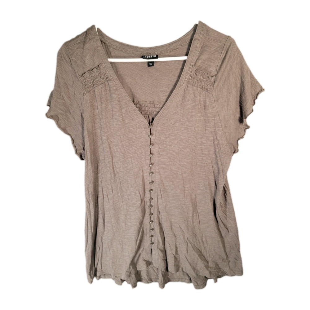 Torrid Size 1 Top Womens 1X Brown Button Front Smocked Flutter Sleeve Blouse Tee